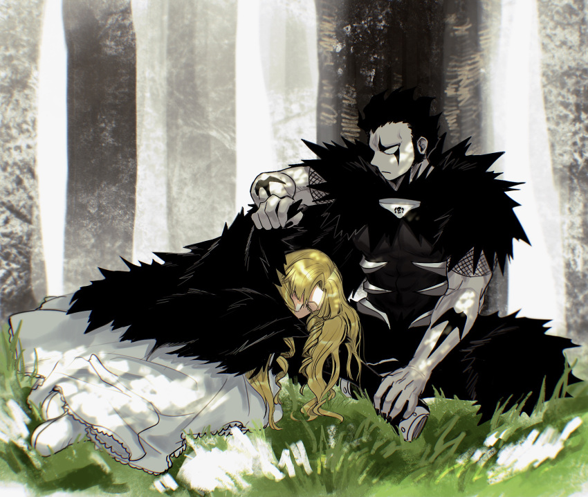1boy, 1girl, arm_tattoo, armor, bangs, black_cape, black_hair, black_nails
