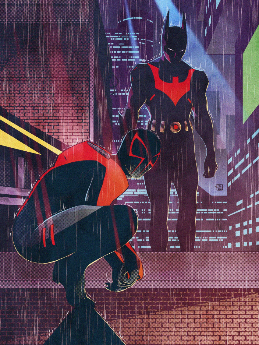 2boys, batman, batman_(series), batman_beyond, black_bodysuit, bodysuit, city, colin_craker