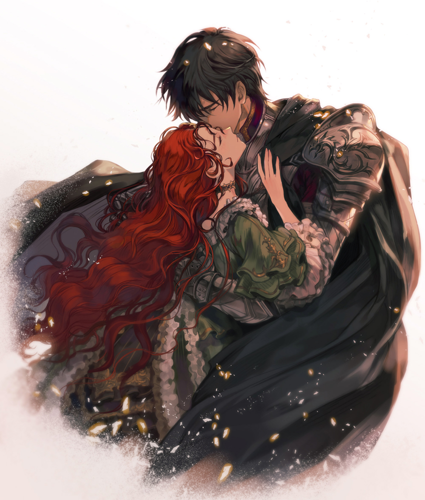 1boy, 1girl, armor, black_cape, black_hair, blush, cape, choker