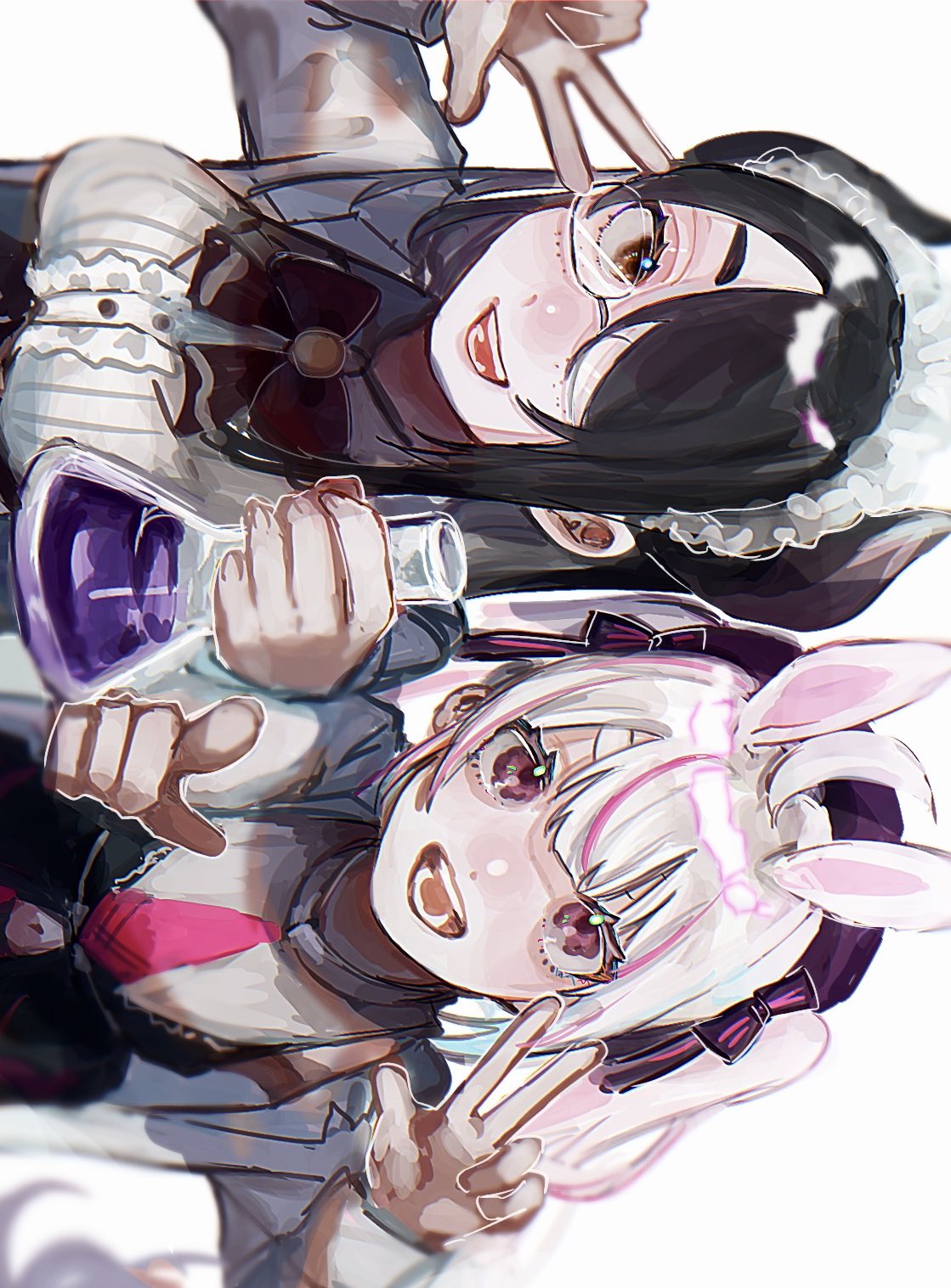 2girls, animal_ears, bangs, black_bow, bow, breasts, finger_gun, glasses