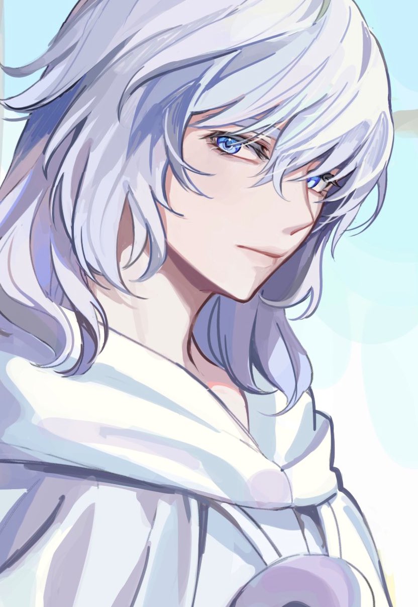 1boy, bangs, blue_background, blue_eyes, expressionless, final_fantasy, final_fantasy_xiv, from_side, grey_hair, hair_between_eyes, highres, hood, hood_down, looking_at_viewer, male_focus, medium_hair, portrait, seabed_stars, simple_background, solo, themis_(ff14)