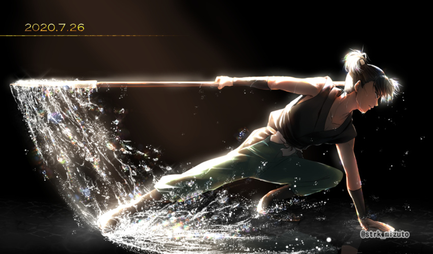 1boy, action, arm_guards, arm_support, backlighting, bangs, battle, black_background
