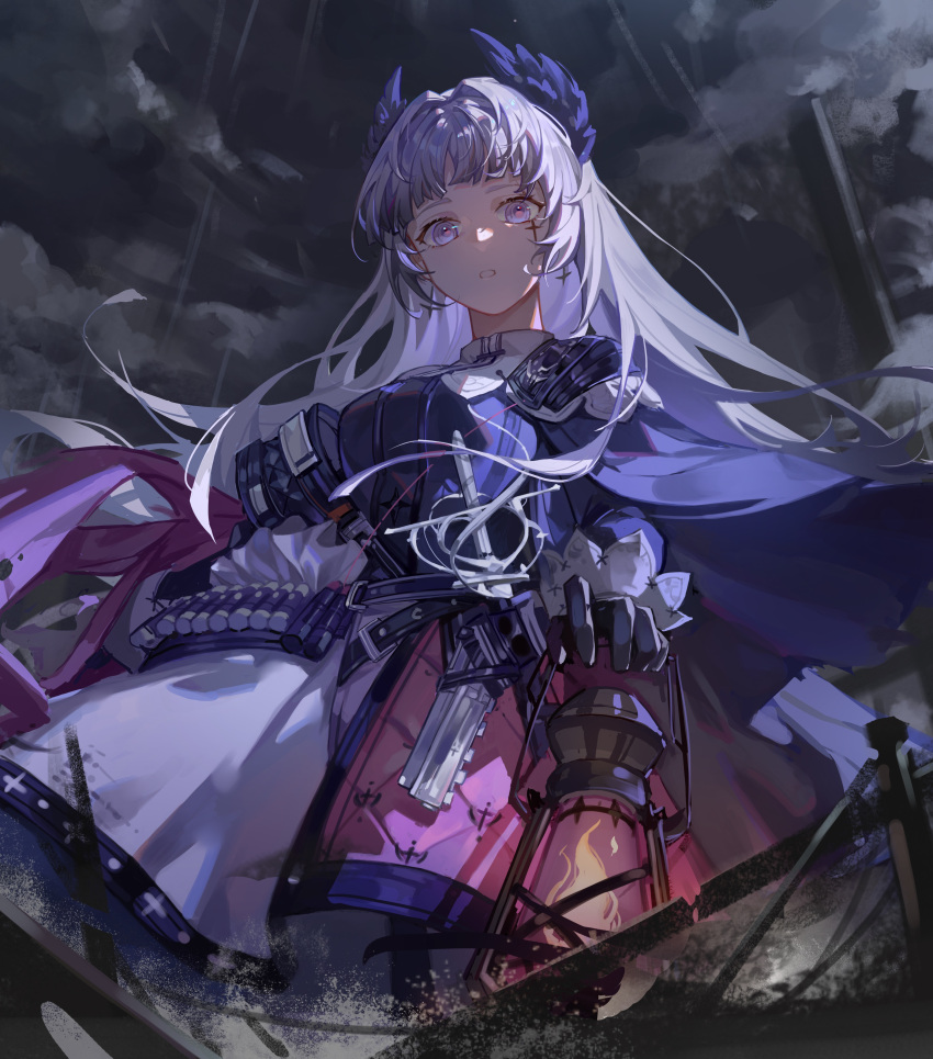 1girl, absurdres, arknights, bangs, black_gloves, black_jacket, breasts, capelet, clouds, cloudy_sky, cowboy_shot, earrings, fire, flame, gloves, grey_hair, head_wings, high-waist_skirt, highres, holding, holding_lantern, huayi, irene_(arknights), jacket, jewelry, lantern, long_hair, long_sleeves, looking_at_viewer, medium_breasts, outdoors, parted_lips, pink_skirt, print_skirt, rain, scar, scar_across_eye, scar_on_face, skirt, sky, solo, very_long_hair, violet_eyes, white_capelet, white_skirt