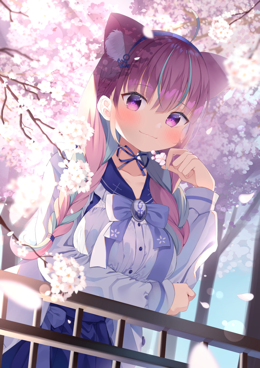 1girl, :3, absurdres, against_railing, ahoge, anchor_hair_ornament, anchor_symbol, animal_ear_fluff
