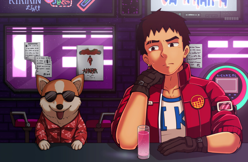 1boy, akira, alcohol, bar, brown_hair, cowboy_shot, cyberpunk, dog, earrings, gloves, goggles, hawaiian_shirt, highres, jacket, jewelry, leather, leather_jacket, mario_(va-11_hall-a), neon_lights, rad_shiba, shirt, short_hair, sunglasses, sweatdrop, va-11_hall-a, vert_cypres