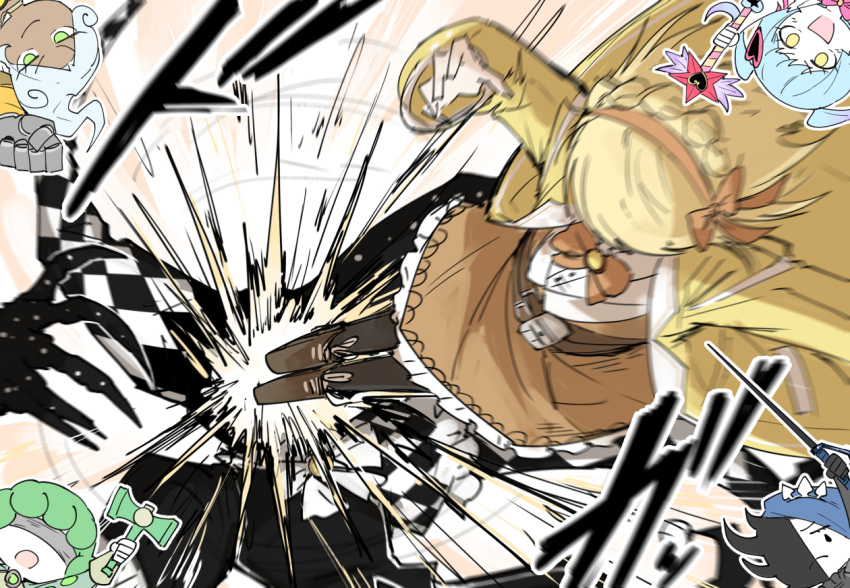 1boy, 5girls, belt, blonde_hair, boots, bow, bowtie, checkered_clothes