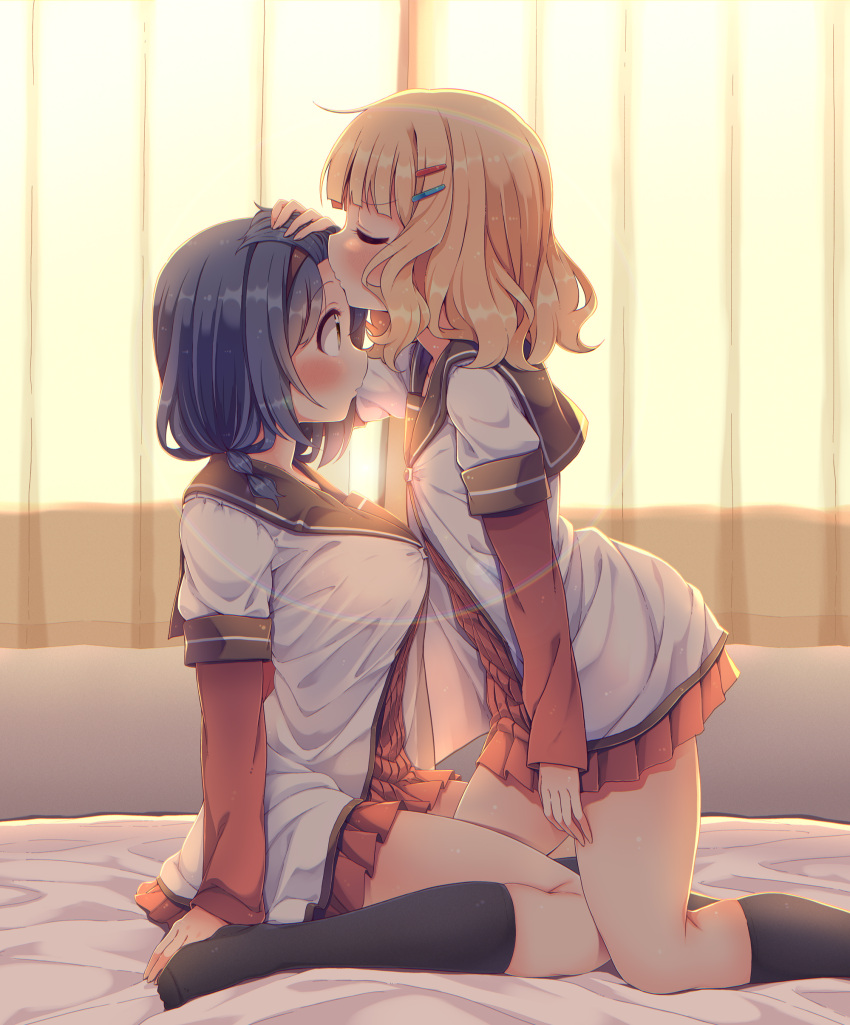 2girls, absurdres, bed, bedroom, blonde_hair, blue_hair, blush, breasts