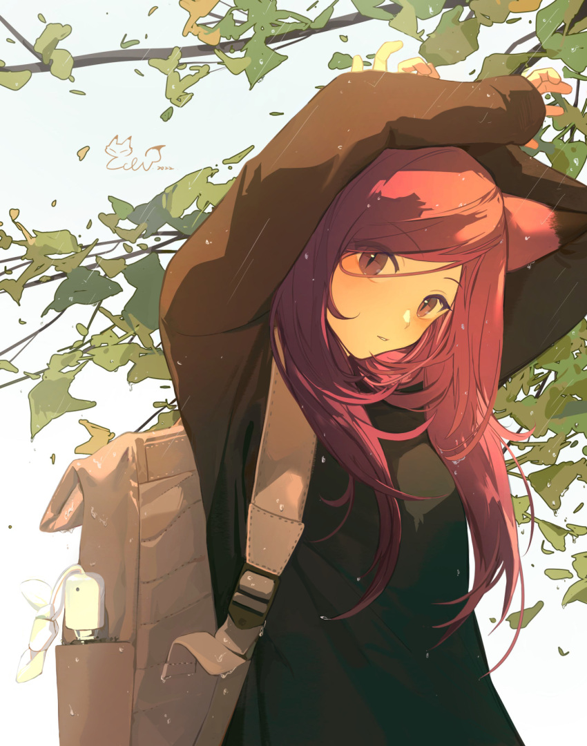 1girl, animal_ears, arms_up, backpack, bag, bangs, blush, branch