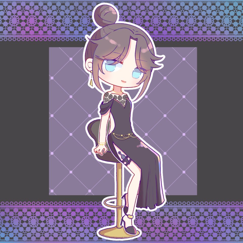1girl, alternate_costume, apex_legends, bangs, black_dress, black_footwear, black_hair, blue_eyes, bracelet, chibi, dress, earrings, formal, hair_behind_ear, hair_bun, high_heels, jewelry, parted_bangs, rino_(noonereno), sitting, smile, solo, triangle_earrings, wraith_(apex_legends)