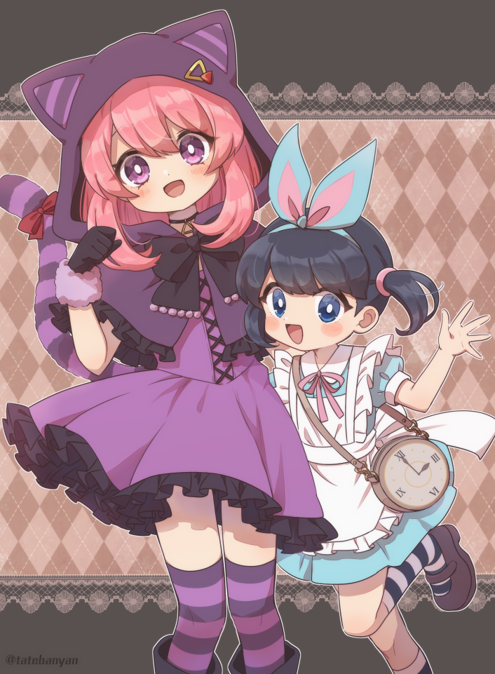 2girls, :d, animal_ears, animal_hood, argyle, argyle_background, back_bow, bag