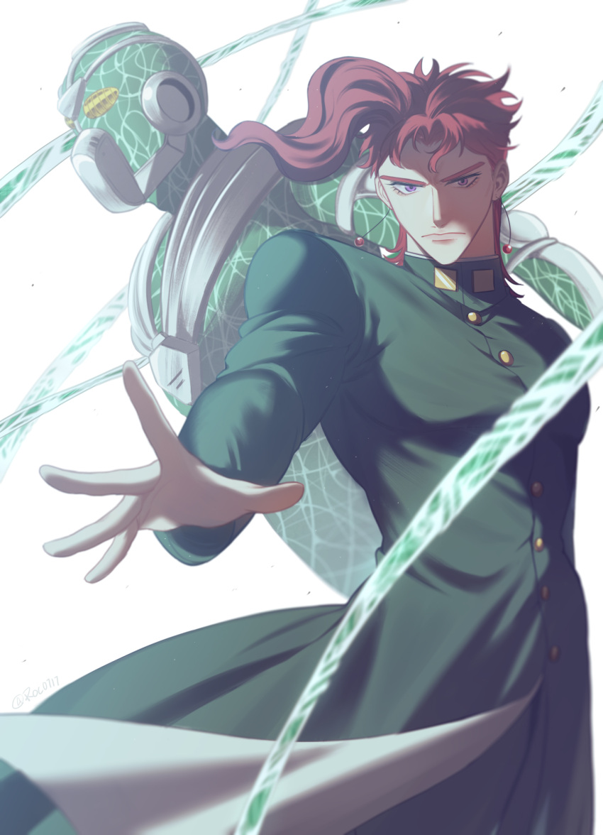 1boy, asymmetrical_bangs, bangs, cherry_earrings, earrings, food-themed_earrings, frown, gakuran, hierophant_green, highres, huayv666, jacket, jewelry, jojo_no_kimyou_na_bouken, kakyoin_noriaki, long_sleeves, looking_at_viewer, male_focus, outstretched_arm, parted_bangs, reaching_out, redhead, school_uniform, short_sleeves, stand_(jojo), stardust_crusaders, thick_eyebrows, v-shaped_eyebrows, violet_eyes