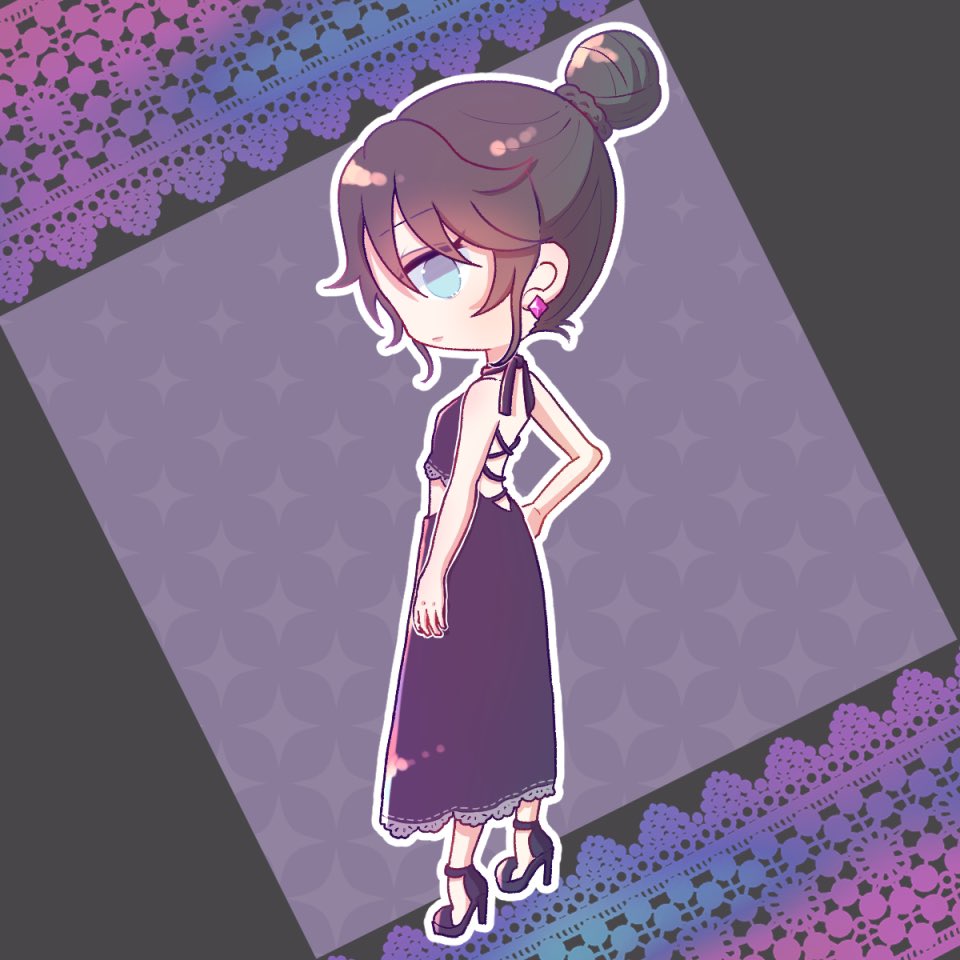 1girl, alternate_costume, apex_legends, black_dress, black_footwear, black_hair, blue_eyes, chibi