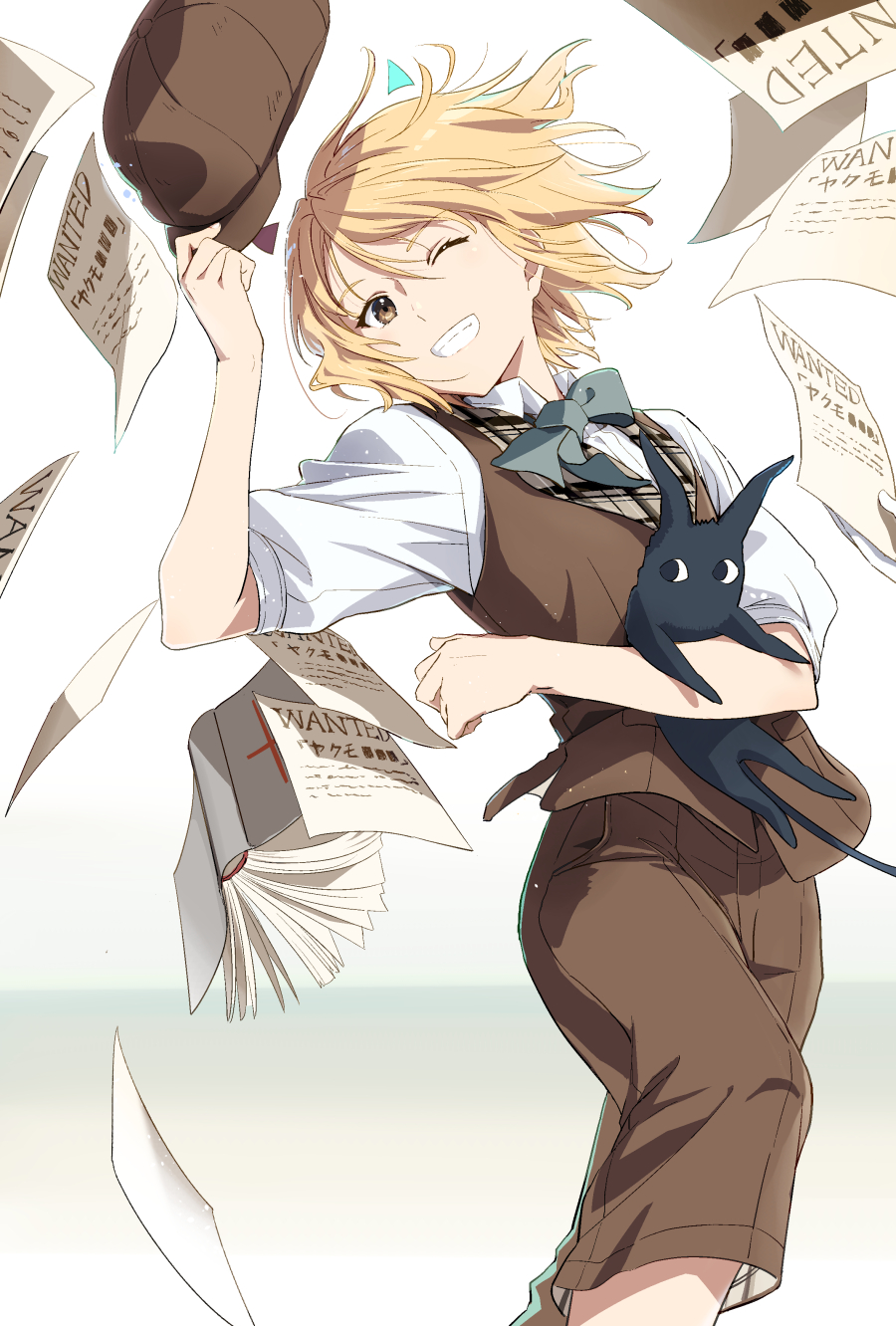 1boy, animal, blonde_hair, bow, bowtie, brown_headwear, brown_shorts, brown_vest