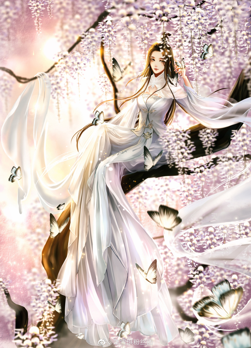 1girl, absurdres, black_hair, bug, butterfly, clothing_cutout, flower, full_body, hair_bun, highres, light, long_hair, looking_to_the_side, lu_xueqi_(zhu_xian), lu_xueqi_tongren_ye, sitting, solo, tree, wisteria, zhu_xian