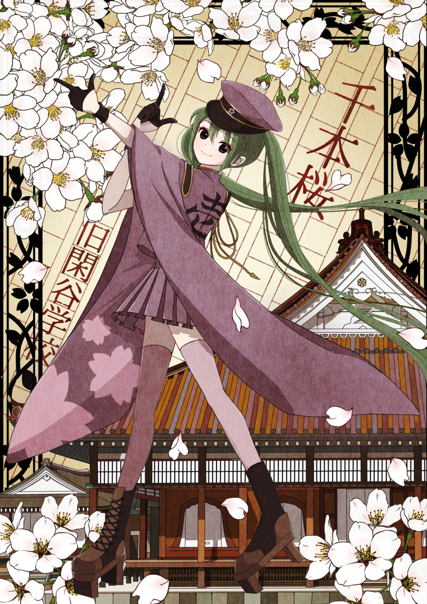 1girl, architecture, bangs, black_eyes, boots, cross-laced_footwear, east_asian_architecture, eyeshadow