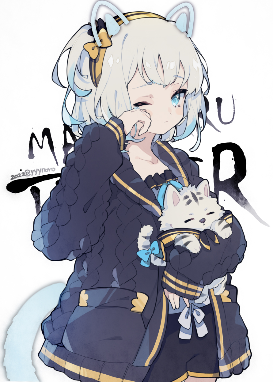 1girl, animal_hug, ars_almal, bangs, black_jacket, black_shorts, blue_eyes, camisole