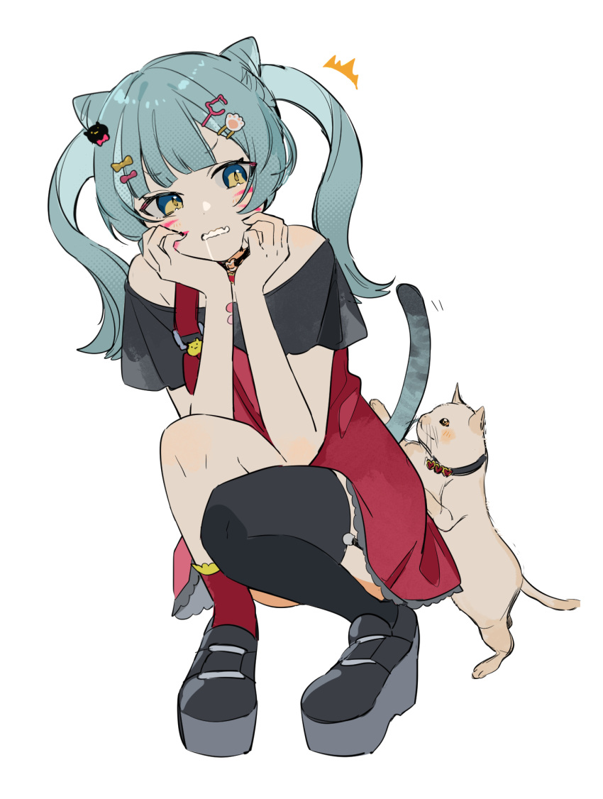 1girl, ^^^, animal_(vocaloid), aqua_hair, bangs, bare_shoulders, black_choker, black_footwear