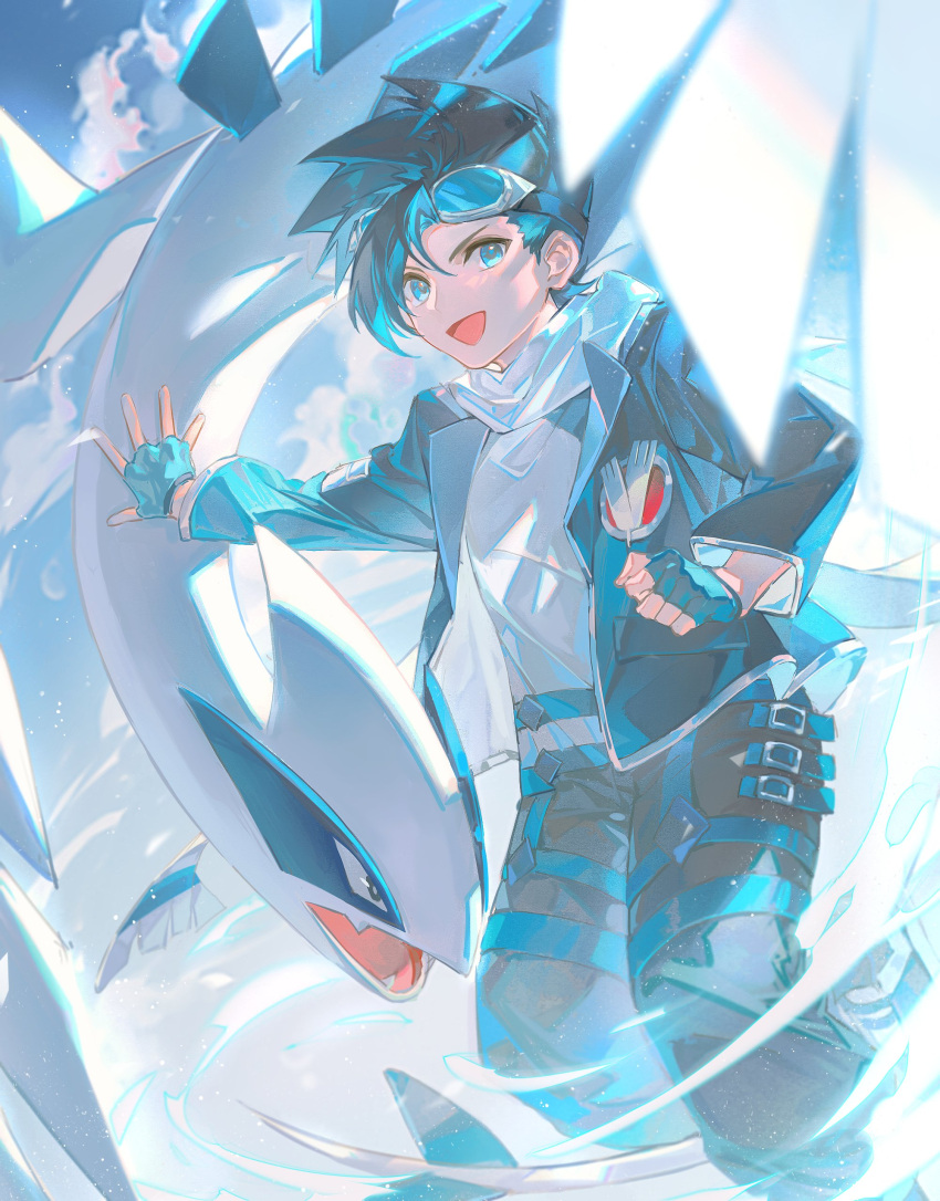 1boy, :d, absurdres, bakutiku, bangs, black_hair, black_jacket, blue_eyes