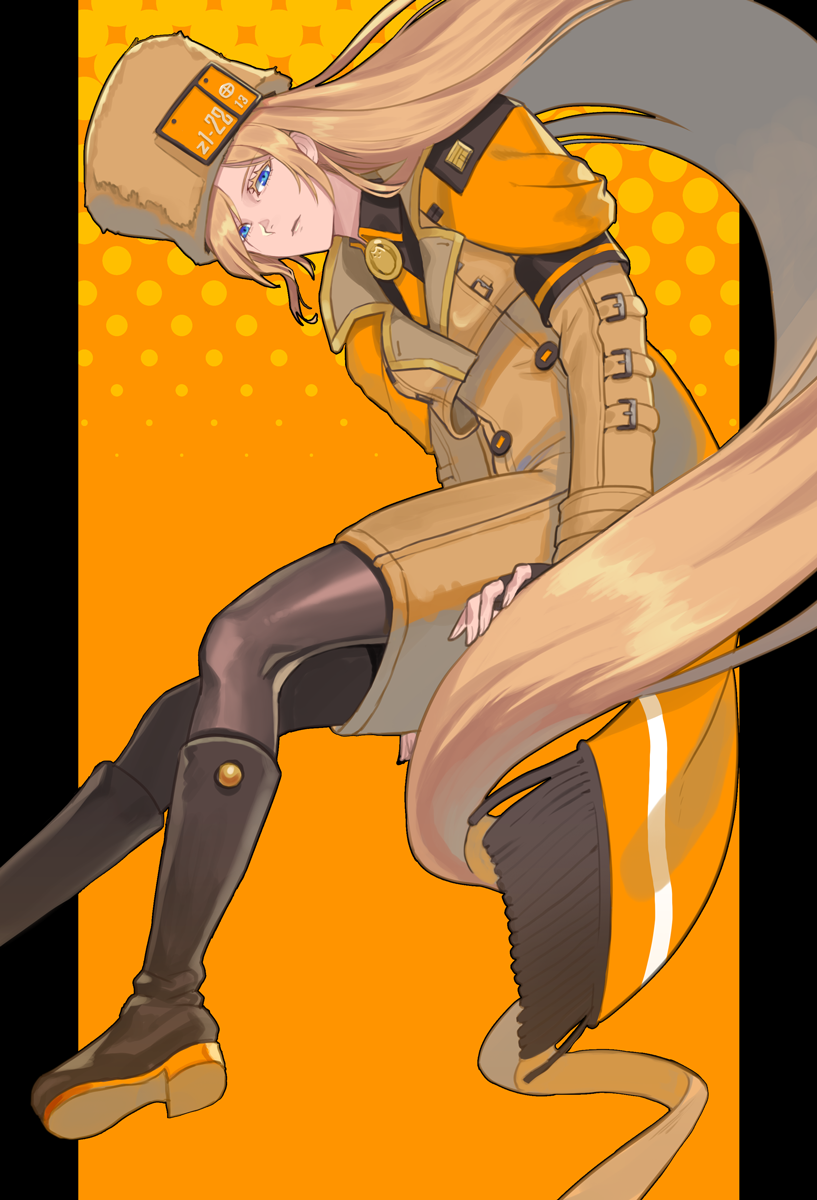 1girl, bangs, black_border, black_footwear, black_gloves, blonde_hair, blue_eyes, boots