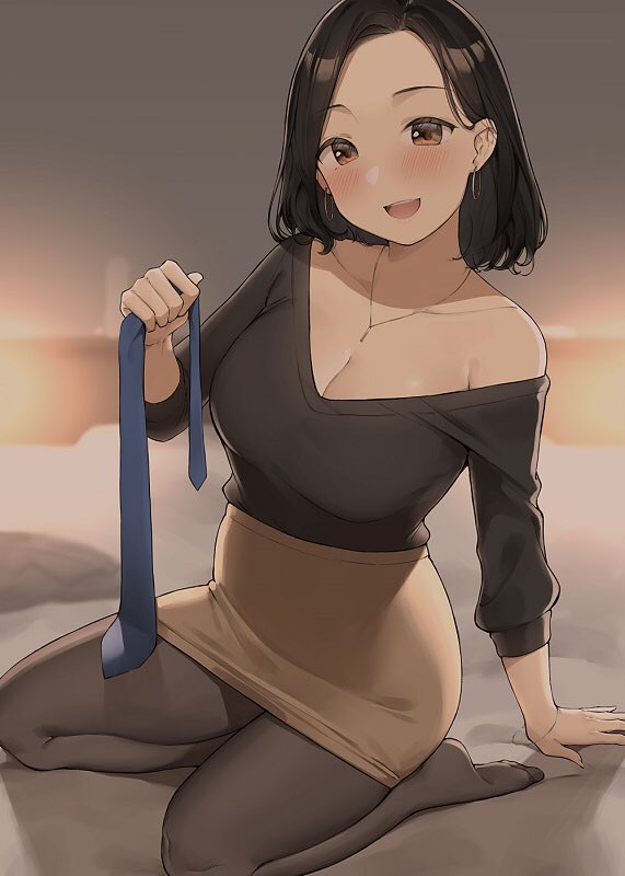 1girl, bangs, black_hair, black_shirt, blue_necktie, blush, brown_eyes, brown_skirt