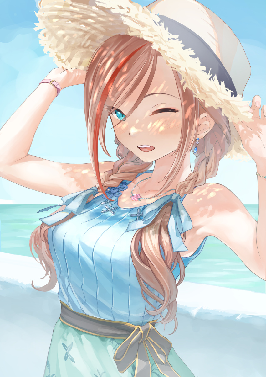 1girl, ;d, absurdres, armpits, blouse, blue_eyes, bracelet, braid, brown_hair, casual, earrings, hat, highres, jewelry, kurusu_natsume, long_hair, long_skirt, meteorboy5, multicolored_hair, necklace, nijisanji, one_eye_closed, redhead, shirt, skirt, sleeveless, smile, straw_hat, streaked_hair, twin_braids, upper_body, virtual_youtuber, watch