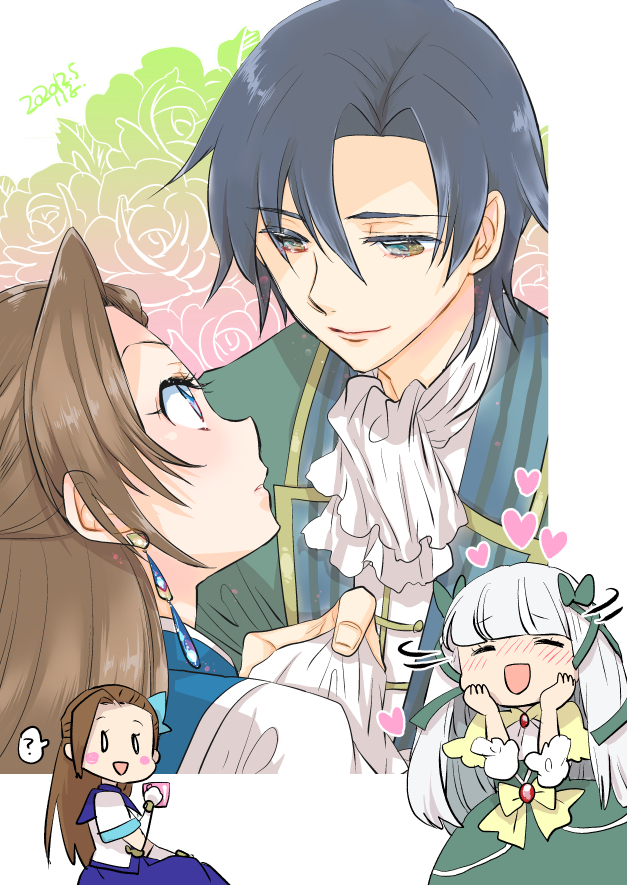 0_0, :d, ?, ascot, asymmetrical_bangs, bangs, black_eyes, black_hair, blue_eyes, blunt_bangs, blush_stickers, brother_and_sister, brown_hair, capelet, closed_mouth, commentary, cup, dated, dress, earrings, floral_background, green_dress, green_jacket, green_ribbon, hair_ribbon, hands_on_own_face, harapeko_nonoko, heart, hetero, high_collar, holding, holding_cup, imagining, jacket, jewelry, katarina_claes, long_dress, long_hair, looking_at_another, motion_lines, nicol_ascart, otome_game_no_hametsu_flag_shika_nai_akuyaku_reijou_ni_tensei_shite_shimatta, ribbon, short_hair, siblings, sitting, smile, sophia_ascart, spoken_question_mark, white_ascot, white_hair, yellow_capelet