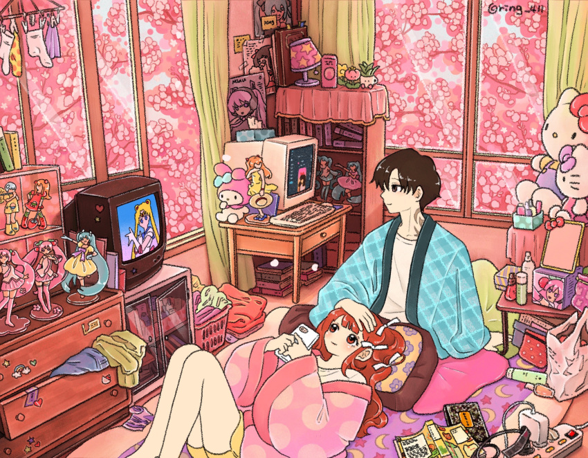1boy, 1girl, bag, bishoujo_senshi_sailor_moon, black_hair, brown_hair, curtains, drawer