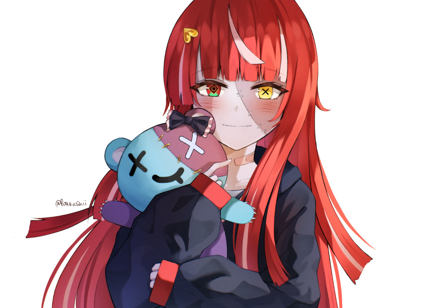 1girl, bangs, blunt_bangs, blush, closed_mouth, colored_skin, diamond-shaped_pupils, diamond_(shape)