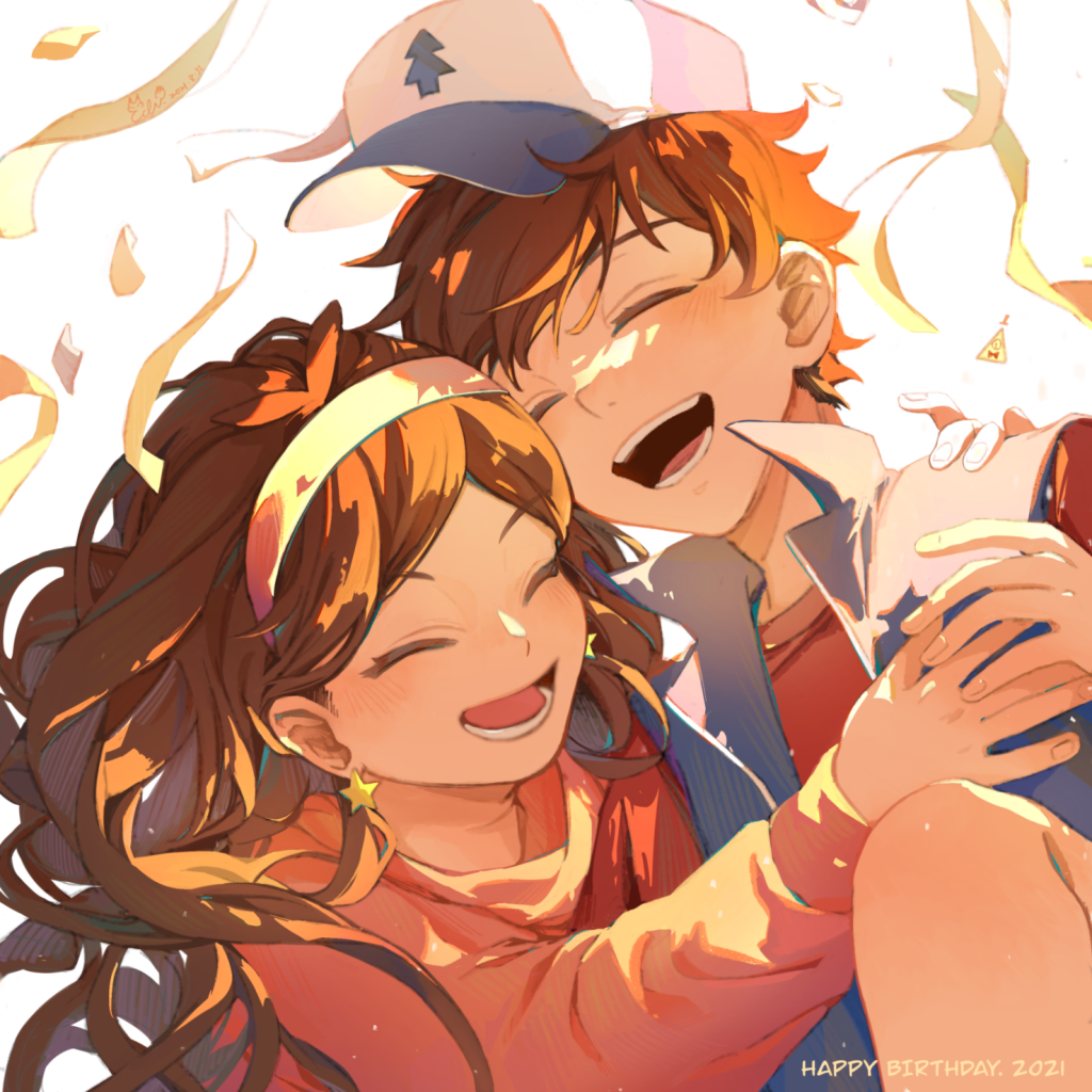 1boy, 1girl, 2021, :d, ahoge, bangs, baseball_cap, bill_cipher