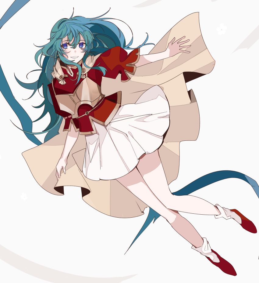 1girl, absurdres, armor, bangs, blue_eyes, blue_hair, breastplate, cape, eirika_(fire_emblem), eyebrows_visible_through_hair, fire_emblem, fire_emblem:_the_sacred_stones, full_body, hair_between_eyes, highres, kazuha_(kazuha1003), long_hair, puffy_short_sleeves, puffy_sleeves, red_footwear, red_shirt, shirt, short_sleeves, skirt, smile, solo, white_background, white_skirt
