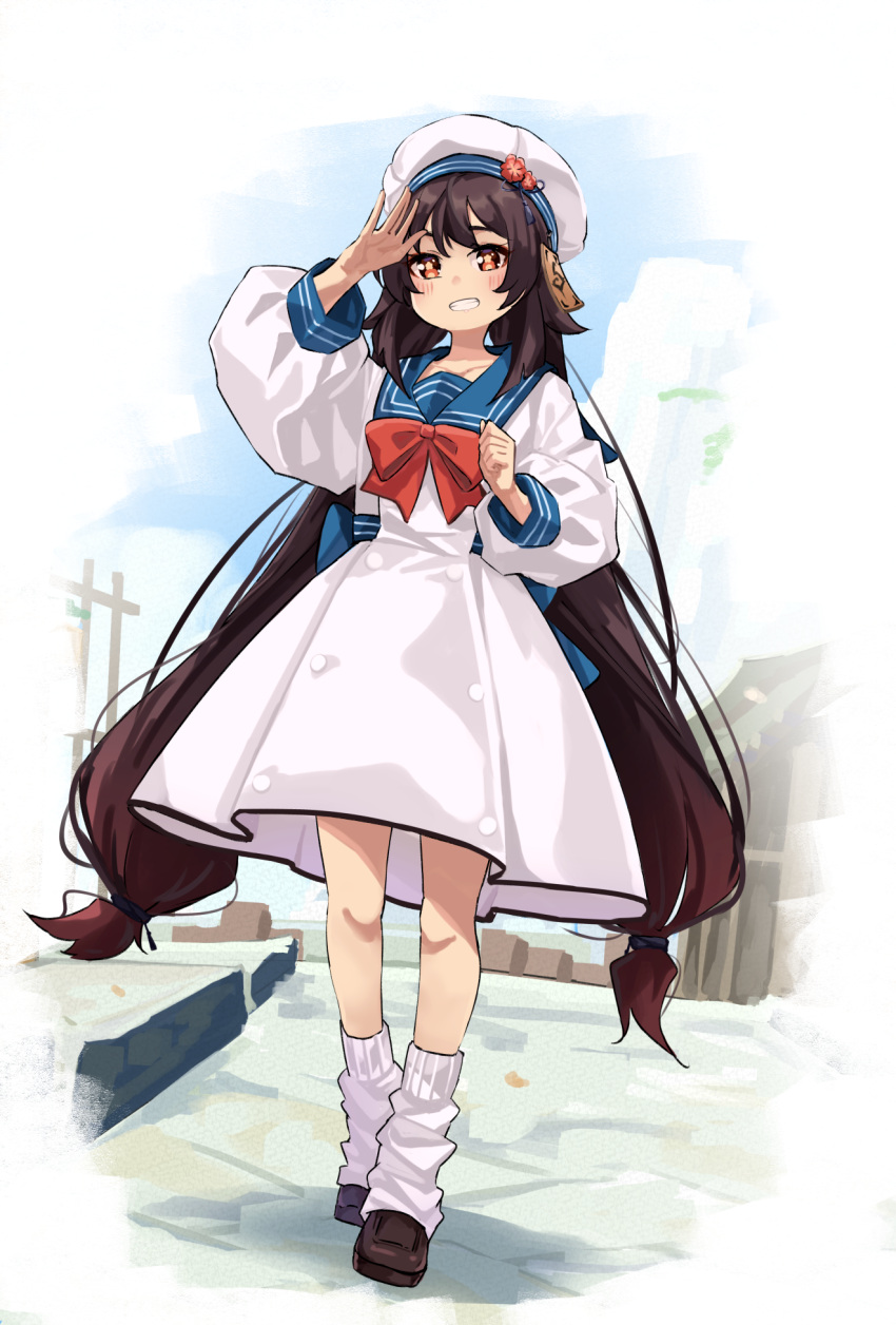 1girl, 53c, arm_up, bangs, beret, black_hair, blue_sailor_collar, blush