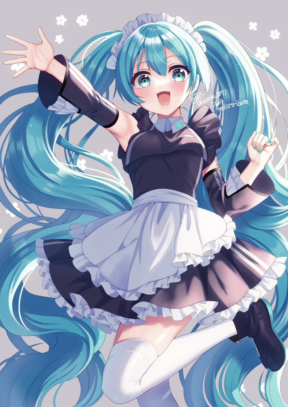 1girl, apron, aqua_hair, aqua_nails, arm_up, armpits, bangs, black_dress