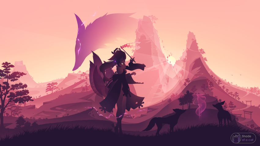 1girl, absurdres, animal_ears, backlighting, breasts, commentary, detached_sleeves, earrings, english_commentary, fox, fox_ears, fox_girl, full_body, genshin_impact, gohei, highres, holding_gohei, jewelry, large_breasts, long_hair, mountainous_horizon, multiple_tails, pink_hair, pink_theme, scenery, shade_of_a_cat, signature, solo, sun, tail, torii, tree, vision_(genshin_impact), yae_miko