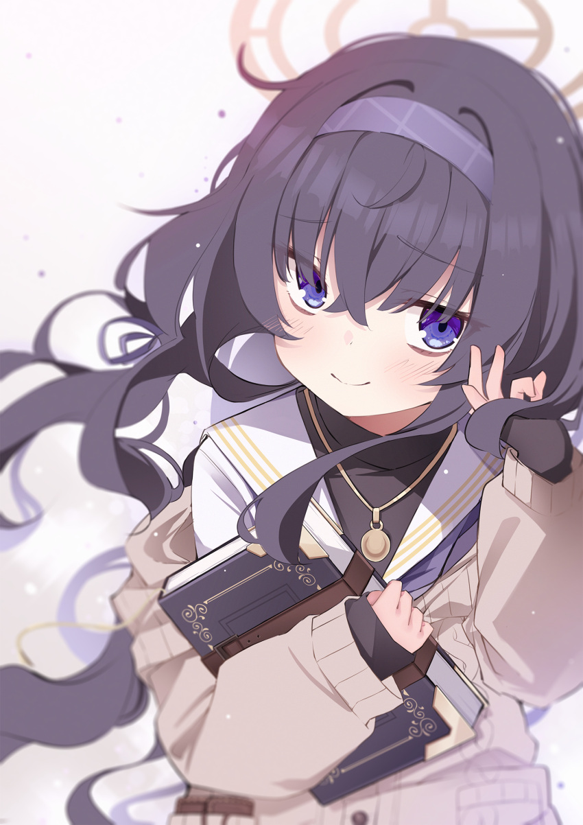 1girl, bags_under_eyes, black_hair, blue_archive, blue_eyes, blush, book, halo