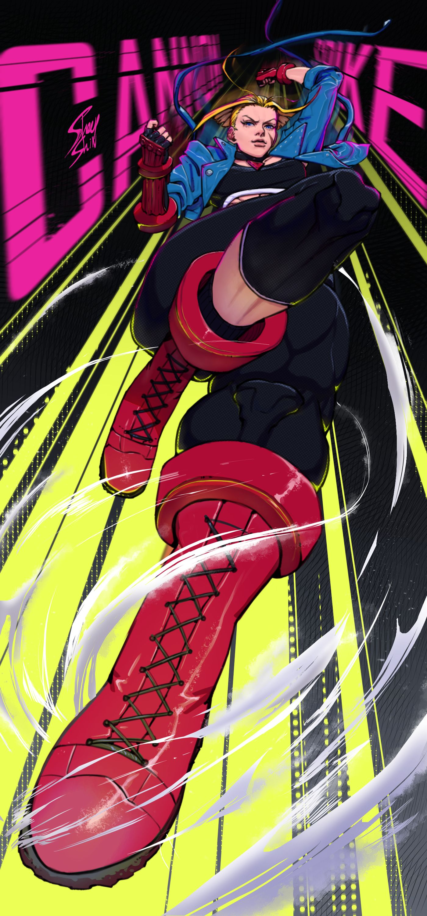 1girl, absurdres, asymmetrical_gloves, black_bra, black_pants, blonde_hair, blue_eyes, boots