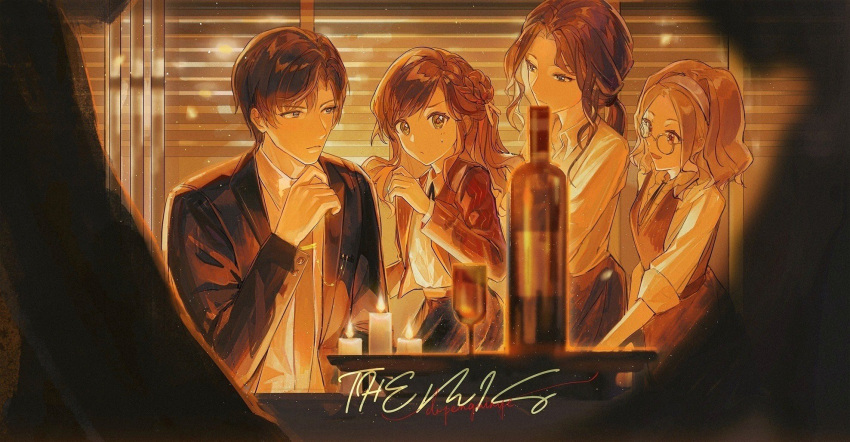 1boy, 3girls, alcohol, artem_wing_(tears_of_themis), black_jacket, bottle, brown_hair, brown_necktie