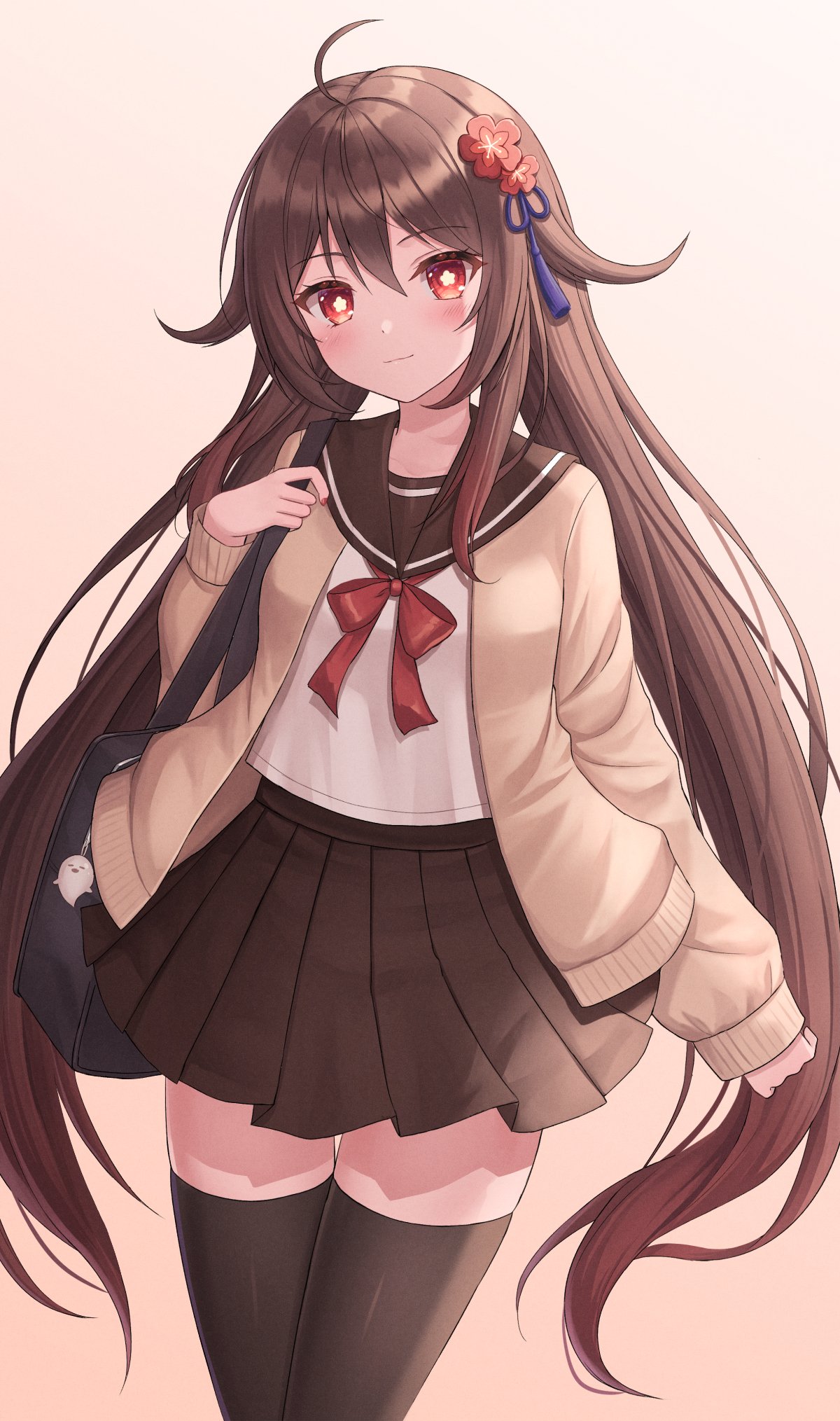 1girl, ahoge, alternate_costume, bag, bag_charm, bangs, black_legwear, black_skirt, blush, brown_hair, cardigan, charm_(object), closed_mouth, cowboy_shot, flower, flower-shaped_pupils, genshin_impact, ghost, hair_tassel, highres, hu_tao_(genshin_impact), light_smile, long_hair, looking_at_viewer, neck_ribbon, pleated_skirt, plum_blossoms, red_eyes, red_nails, red_ribbon, ribbon, sailor_collar, school_bag, school_uniform, serafuku, seungju_lee, sidelocks, skirt, solo, symbol-shaped_pupils, thigh-highs, twintails, very_long_hair, zettai_ryouiki