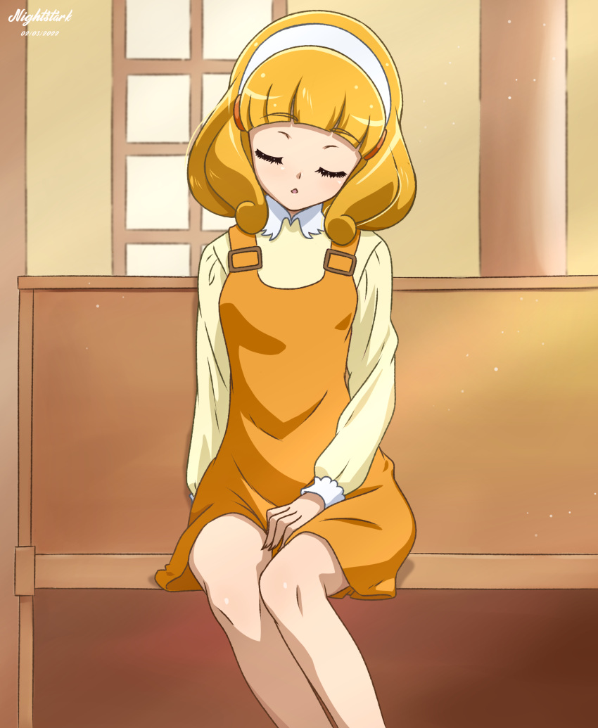 1girl, absurdres, blonde_hair, closed_eyes, dress, english_commentary, hairband, highres