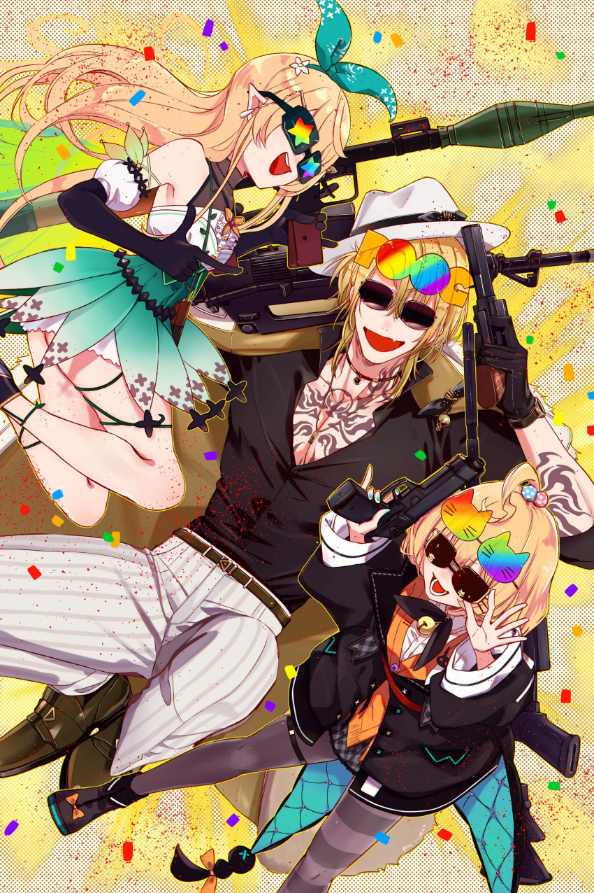 1boy, 2girls, absurdres, ahoge, arm_tattoo, bell, belt, black_choker