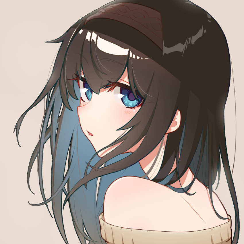 1girl, :o, aqua_eyes, argyle_hairband, black_hair, blush, expressionless, highres, idolmaster, idolmaster_cinderella_girls, kuon_iki, looking_at_viewer, looking_back, off-shoulder_sweater, off_shoulder, portrait, sagisawa_fumika, simple_background, solo, straight_hair, sweater
