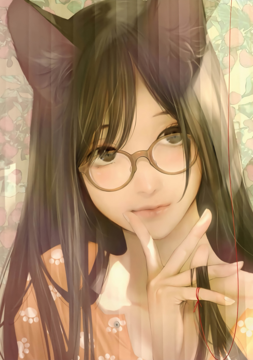 1girl, absurdres, animal_ears, bakemonogatari, cat_ears, copyright, hanekawa_tsubasa, highres, monogatari_(series), official_art, oogure_ito, sleepwear