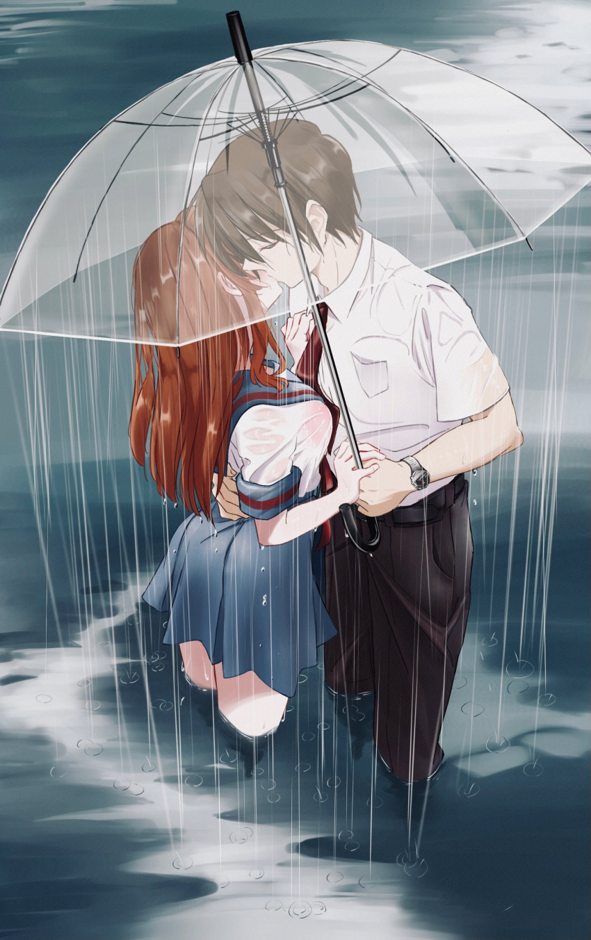1boy, 1girl, 621_joker_123, asahina_mikuru, bangs, blue_sailor_collar, blue_skirt, blush, brown_hair, brown_pants, closed_eyes, commentary_request, couple, hetero, highres, holding, holding_hands, holding_umbrella, hug, kiss, kita_high_school_uniform, koizumi_itsuki, long_hair, multiple_girls, necktie, orange_hair, pants, pocket, rain, red_necktie, sailor_collar, school_uniform, serafuku, shirt, short_hair, short_sleeves, skirt, suzumiya_haruhi_no_yuuutsu, umbrella, wading, watch, watch, water, white_shirt