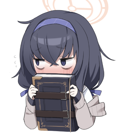 @_@, aumann, black_hair, blue_archive, blue_eyes, blue_hairband, blush, book
