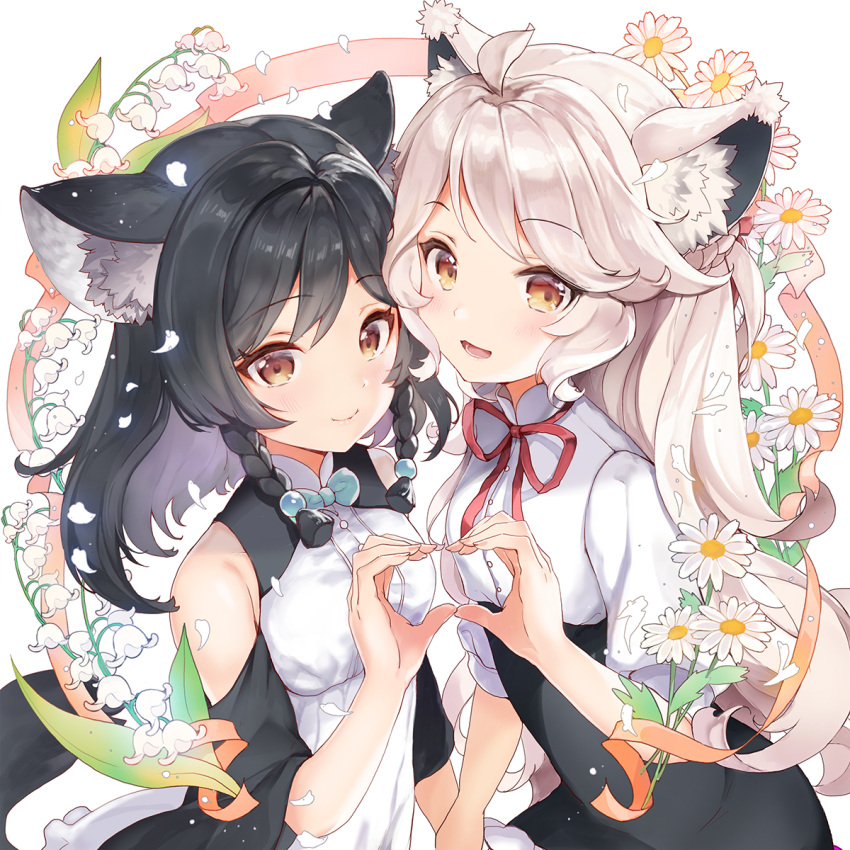 2girls, animal_ears, black_hair, blue_eyes, brown_eyes, cloud_horizon, fox_ears, fox_girl