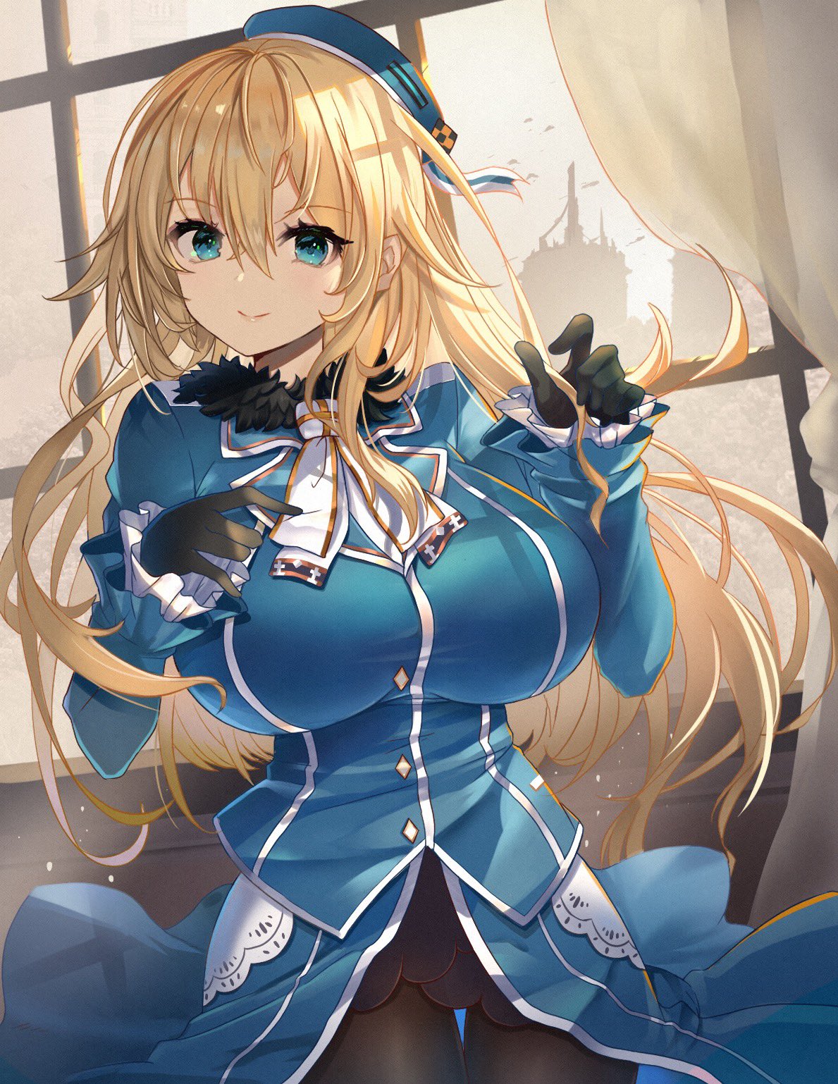 1girl, ascot, atago_(kancolle), beret, bird, black_gloves, blonde_hair, blue_eyes, blue_headwear, breasts, cowboy_shot, curtains, eyebrows_visible_through_hair, frilled_sleeves, frills, fur_collar, gloves, green_eyes, hair_between_eyes, harbor, hat, highres, indoors, kantai_collection, large_breasts, lips, long_hair, long_sleeves, looking_at_viewer, military, military_uniform, o-sirius, office, pantyhose, smile, solo, uniform