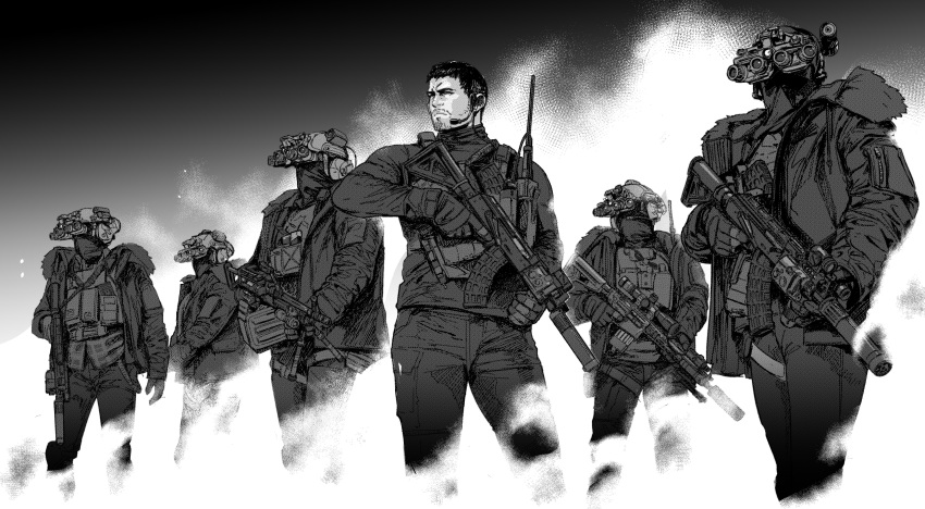 6+boys, absurdres, balaclava, bulletproof_vest, chris_redfield, closed_mouth, covered_face, covered_mouth