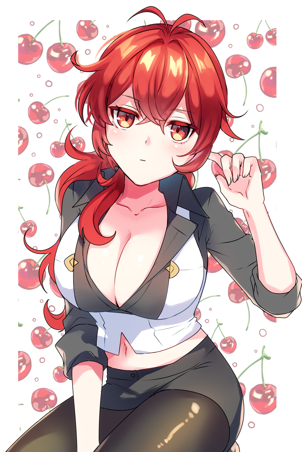 1girl, black_legwear, black_shirt, black_skirt, breasts, cherry_background, cleavage, closed_mouth