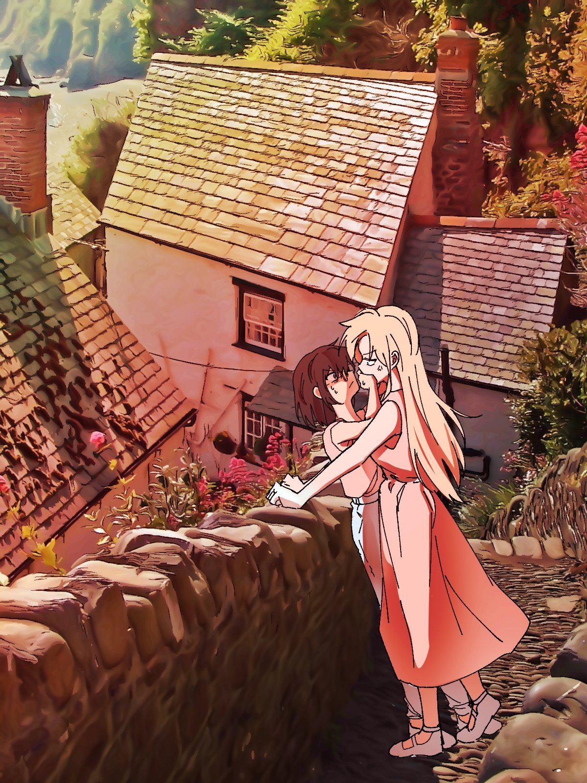 2girls, anger_vein, black_hair, blonde_hair, dress, glasses, hand_on_another's_mouth, height_difference