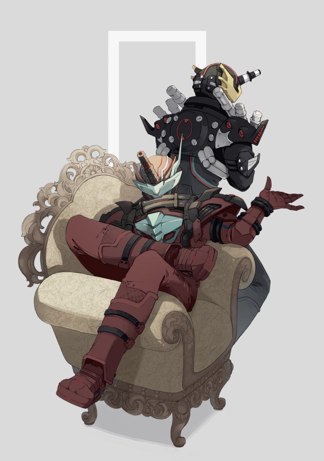 2boys, armor, asymmetrical_horns, bat, black_armor, black_bodysuit, black_footwear, blood_stalk