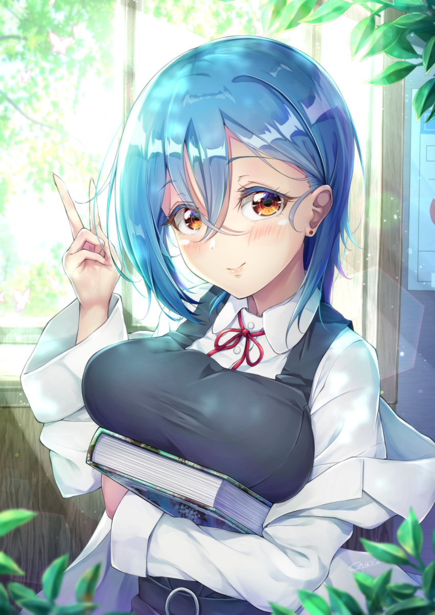 1girl, apron, bangs, black_apron, blue_hair, book, breasts, brown_eyes, closed_mouth, collared_shirt, commentary_request, crossed_bangs, ear_piercing, eyebrows_visible_through_hair, hair_between_eyes, highres, holding, holding_book, indoors, large_breasts, leaf, lens_flare, long_sleeves, looking_at_viewer, love_live!, love_live!_superstar!!, novady, piercing, shirt, smile, solo, sunlight, upper_body, v, wakana_shiki, window
